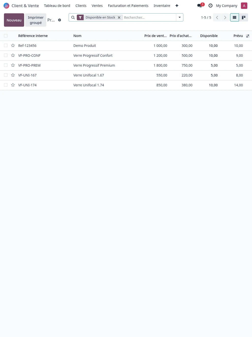 Liste des produits optiques dans Opti Solution avec références, prix et disponibilités.